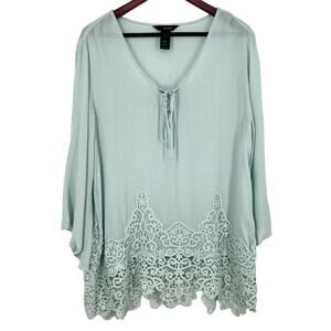 Ali Miles Sz Large Seafoam Green Long Sleeve Wearable Art Lace Blouse Shirt Top